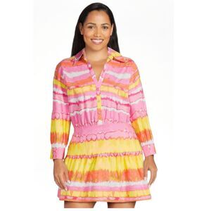 Scoop Dress M Women's Pink Tie Dye Long Sleeve Collared Shirt Dress Pockets